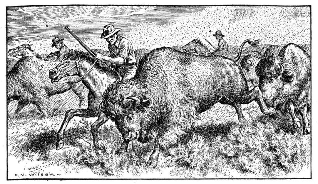 Giving chase to the buffaloes, by F. N. Wilson. From a memoir by Oregon Trail pioneer Ezra Meeker. Image date: ca. 1922.